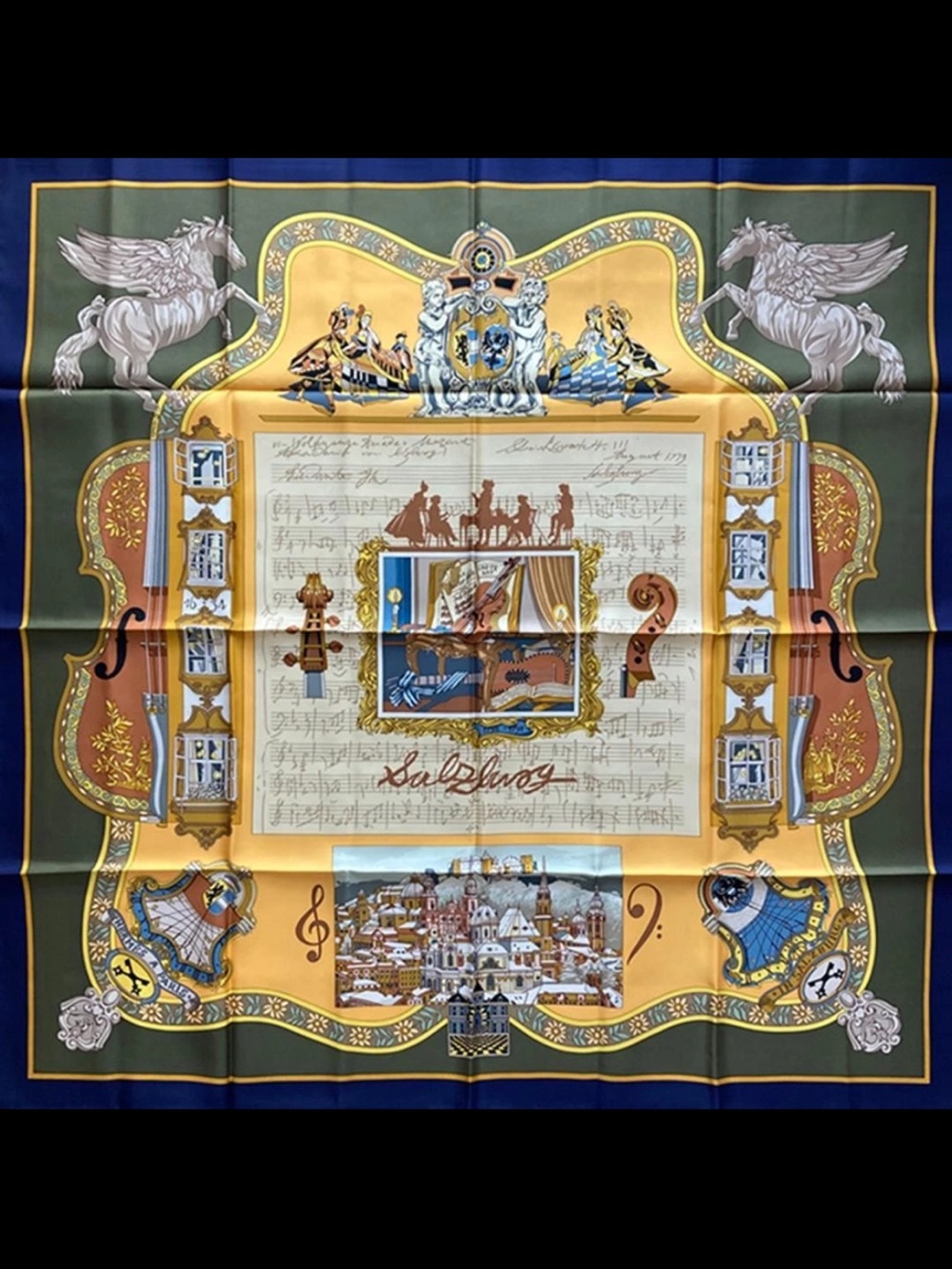 Hermes Silk Scarf in Blue, Gold and Cream with Musical Motif